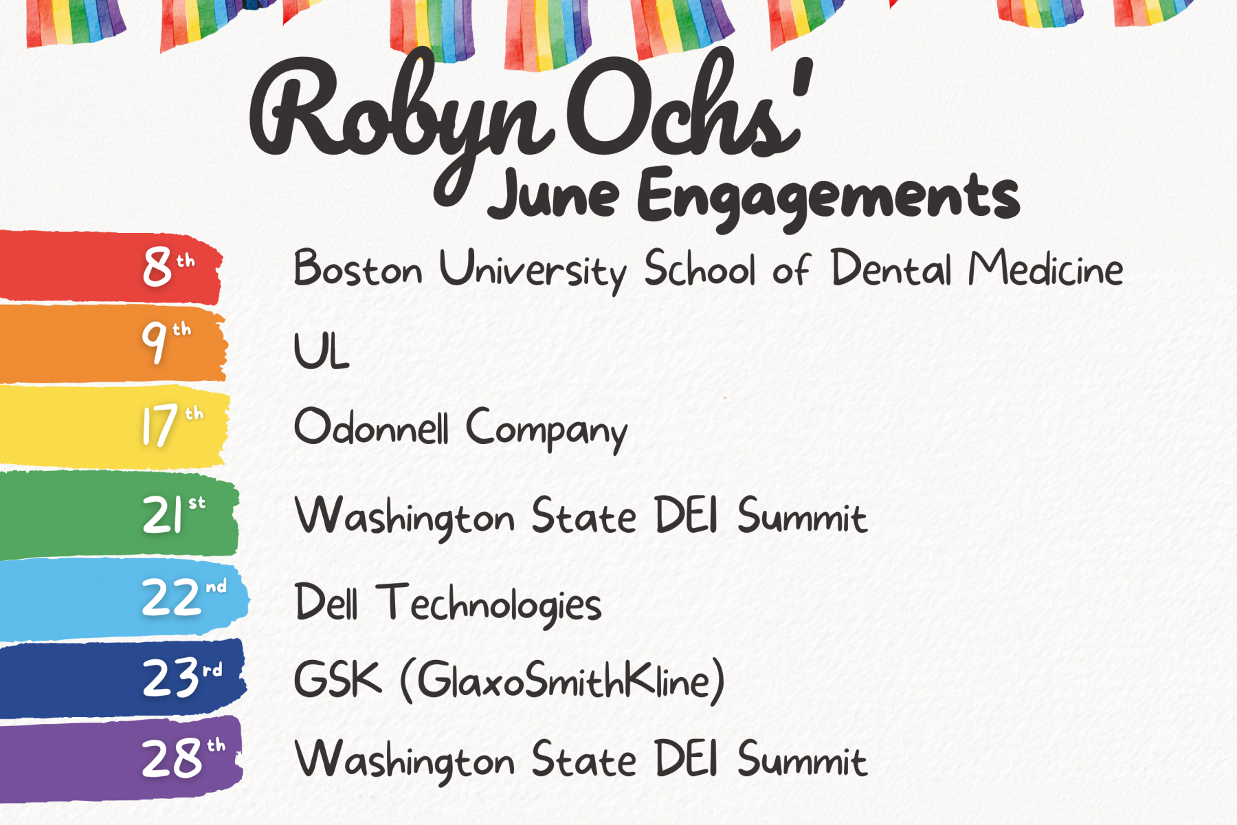 "Robyn Ochs' June Engagements. 8th Boston University School of Dental Medicine, 9th UL, 17th Odonnell Company, 21st Washington State DEI Summit, 22nd Dell Technologies, 23rd GSK (GlaxoSmithKline), 28th Washington State DEI Summit. Please contact robynochsassistant@gmail.com for information about any of these events or to invite Robyn to speak." There is a watercolor banner of pride flags across the top of the page.